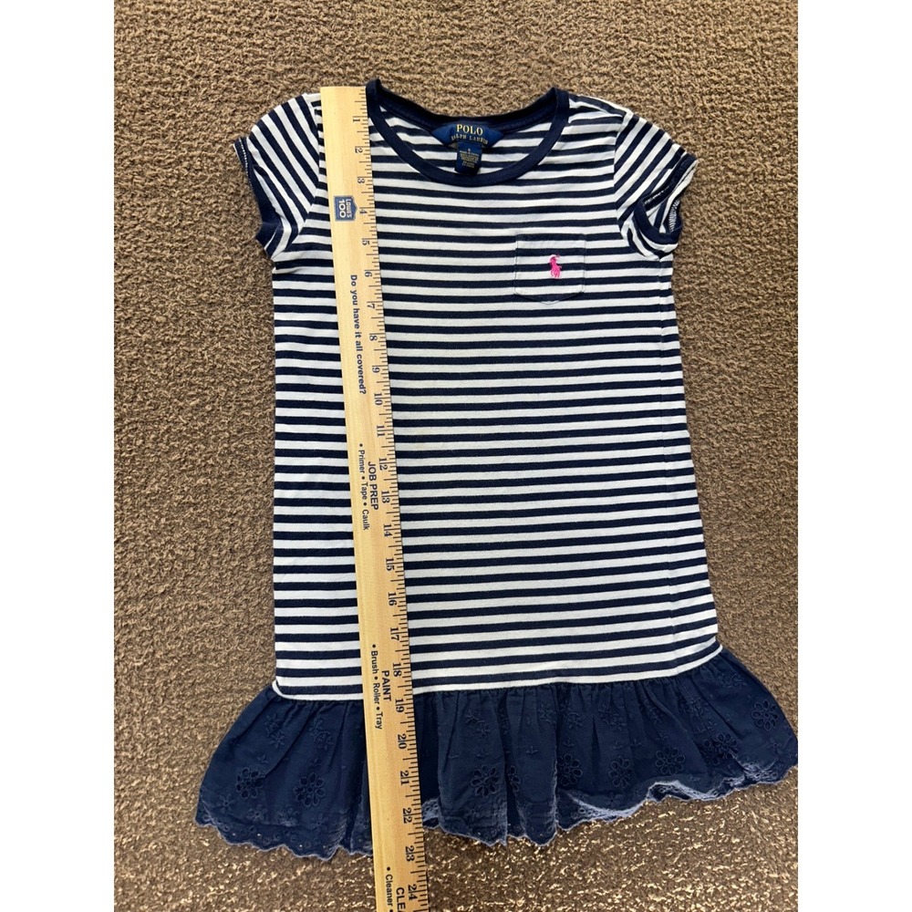 Polo Ralph Lauren Girls Navy White Striped Eyelet Ruffle Hem Dress Size 6 - Picture 4 of 5